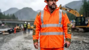 High-visibility PVC rain suit for construction site safety.