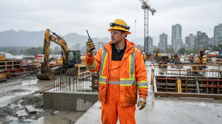 Construction worker wearing a high-visibility heavy duty rain suit on a rainy Canadian job site. heavy duty rain suit for construction