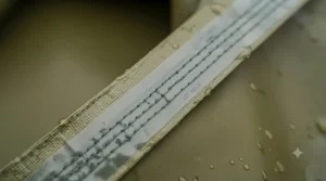 Reinforced heat-sealed seams on PVC rain gear.