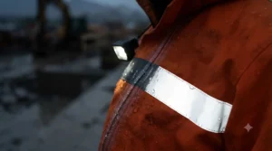Rain suit demonstrating 360-degree high-visibility reflective strips for job site safety.