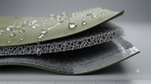 Close-up of waterproof, breathable fabric technology on men's 2-piece rain suit.