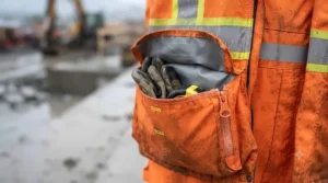 Construction rain suit jacket featuring large, waterproof pockets for tools and gear.