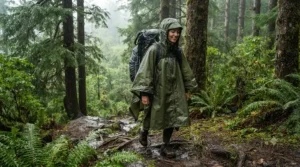 A multi-use ripstop rain poncho rigged up as an emergency bivvy shelter using corner grommets in a Canadian pine forest.