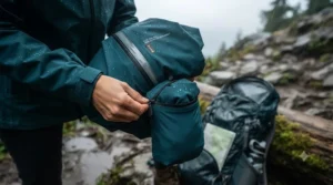 Compact packable rain jacket pulled from a backpack during changing Vancouver weather.