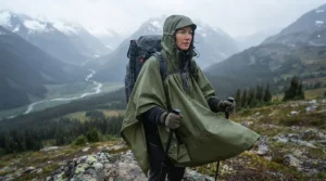 A compact, packable ripstop rain poncho folded neatly next to its travel pouch, ready for quick deployment during sudden mountain showers.