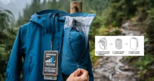 Illustration of a budget rain jacket under $100 packed tightly into its own pocket for travel across Canada.