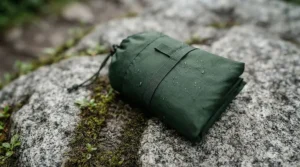 Rain poncho for hiking designed to fully cover a large trekking backpack.