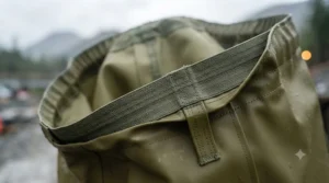 Durable PVC rain pants with comfortable elastic waist.