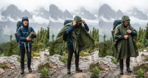 Step-by-step illustration of quickly pulling a waterproof rain poncho over a head and pack during a quick trail shower.