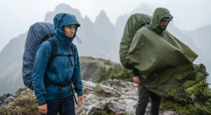 Infographic comparing wind resistance and weather protection of rain jackets versus ponchos for windy Canadian alpine ridges.
