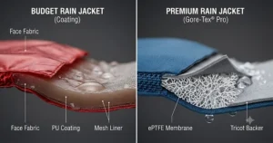 Close-up diagram comparing breathable waterproof membranes and low-cost coatings in cheap vs expensive rain jacket worth it reviews.