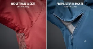 Close-up of underarm pit zips open for ventilation on a technical shell, highlighting features often missing on cheap rain jackets.