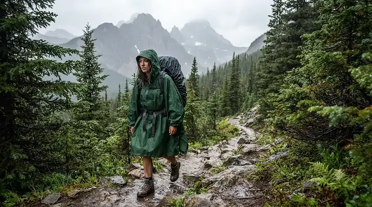 Hiker wearing a durable rain poncho for hiking in the Canadian Rocky Mountains.