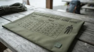 Size guide for men's 2-piece rain suit covering S to 3XL fitting.