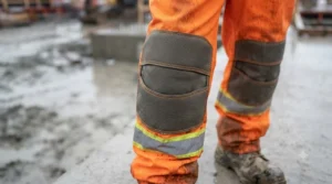 Construction rain pants featuring double-reinforced knees for extra durability in tough conditions.