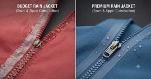 Detailed view of taped seams and waterproof zippers on a premium outdoor jacket versus budget stitching.