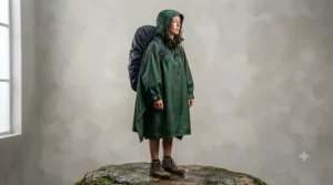 Side view of a breathable rain poncho for hiking with adjustable hood.