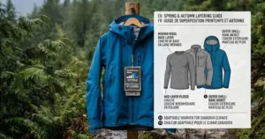 Layering guide showing how to wear a budget rain jacket under $100 during chilly Canadian spring and autumn seasons.
