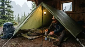 Gear layout showing an ultralight hiking poncho doubling as an emergency shelter tarp for Canadian backcountry camping.