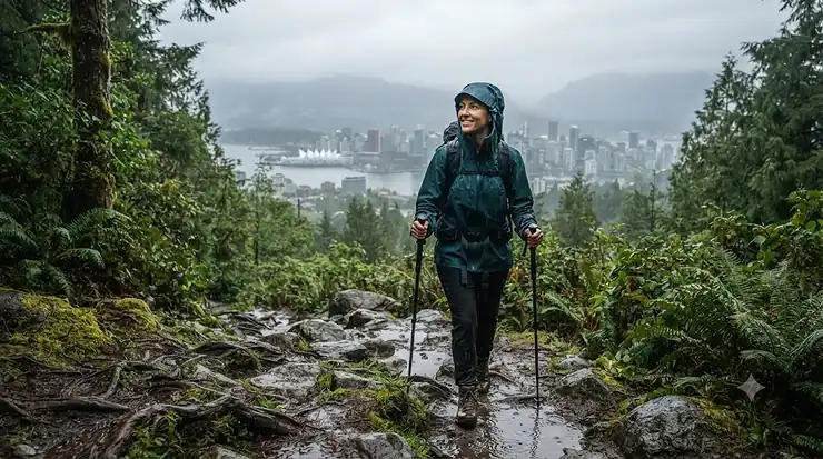 Waterproof rain jacket designed for unpredictable Vancouver weather, keeping hikers dry on a Pacific Northwest trail.
