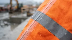 Close-up of heavy duty rain jacket showing heat-sealed seams for maximum waterproofing.