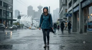 Professional walking through downtown Vancouver weather wearing a breathable rain jacket.