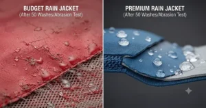 Water bead-up performance test on a high-end shell during heavy rain, exploring if a cheap vs expensive rain jacket is worth it for wet Canadian climates.
