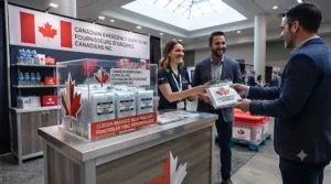 Professional sales interaction at a Canadian Emergency Supplies Inc. trade show booth, featuring a display of custom-branded bulk emergency ponchos in English and French.
