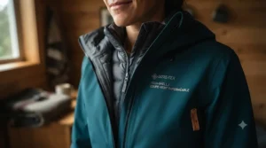 Woman staying warm in an insulated rain jacket during chilly Vancouver autumn weather.