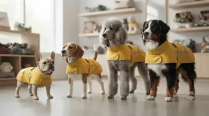 Various dog breeds of different sizes modeling a versatile rain jacket for dog walking across Canada.