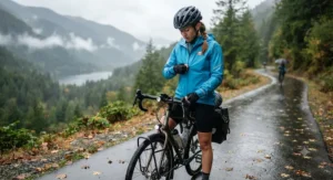 A cyclist adjusting their breathable rain jacket before a rainy bike ride along a scenic Canadian trail.