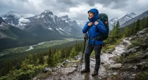 A backpacker standing on a rugged trail in the Rocky Mountains while wearing a high-performance waterproof shell jacket.