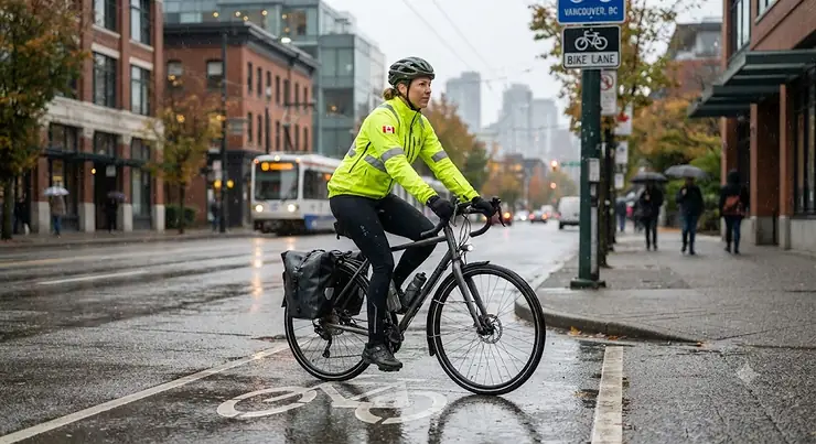 A cyclist wearing a high-visibility, breathable rain jacket while riding through a light drizzle in a Canadian urban setting. cycling rain jacket breathable