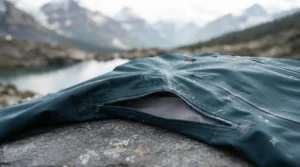 Diagram highlighting pit-zip ventilation zones on a technical rain jacket for high-output hiking in the Canadian Rockies.