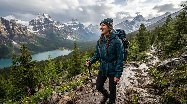 Hiker wearing a waterproof rain jacket for Canadian Rockies weather while trekking past an alpine lake near Banff National Park, Alberta.