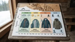 Chart mapping out temperature drops and rainfall changes to help hikers choose the right rain jacket for Canadian Rockies environments.
