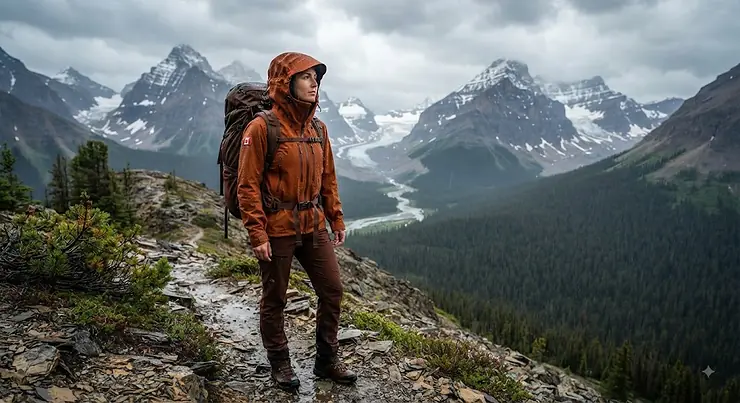 A hiker wearing a robust rain jacket in the rugged Canadian Rockies to illustrate high denier utility. rain jacket denier explained