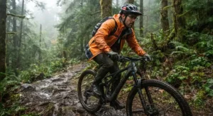A cyclist on a mountain bike wearing a breathable rain jacket with underarm vents during a rainy Canadian outdoor adventure.