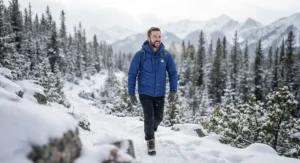 Sustainable eco-friendly recycled down insulated winter jacket laid flat on a rustic wooden background.
