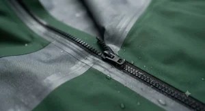 Close-up of fully taped seams and waterproof zippers on a premium hardshell jacket designed for wet West Coast winters.