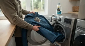 Placing a Gore-Tex jacket in a washing machine using mild liquid detergent, following essential garment care guidelines.