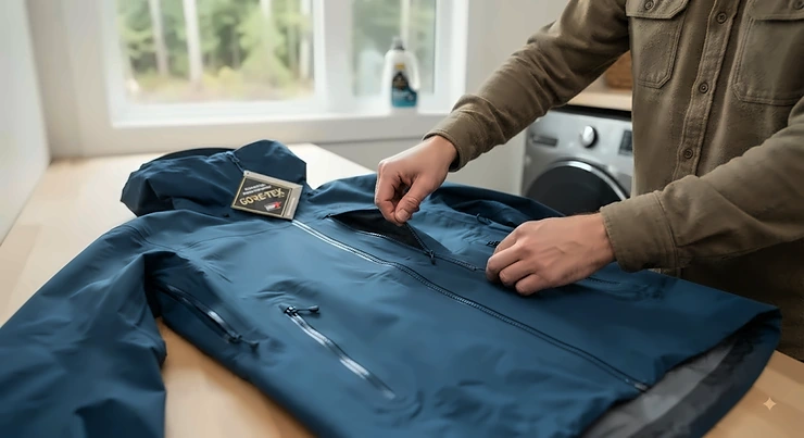 A person checking the pockets and zippers of a Gore-Tex jacket before washing, a crucial first step for proper gear maintenance in Canada. how to care for Gore-Tex jacket
