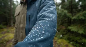 Water droplets beading perfectly on the surface of a properly maintained Gore-Tex jacket during a light rain shower.