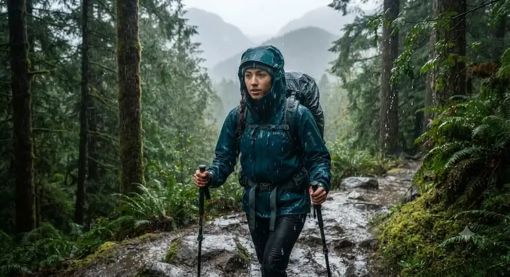 An outdoor enthusiast hiking in Vancouver during a heavy downpour, demonstrating how to choose a rain jacket waterproof rating for Canadian weather. how to choose rain jacket waterproof rating