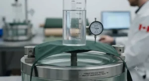 A close-up demonstration of a hydrostatic head water pressure test on technical shell fabric used in Canadian hiking jackets.