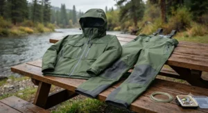Fisherman staying warm and dry in insulated rain gear during a chilly autumn morning in Ontario.