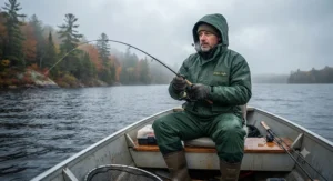 Packable lightweight rain jacket rolled up next to a tackle box on a wooden dock.