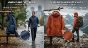 Side-by-side view of a compact low denier city rain jacket and a durable high denier wilderness shell.