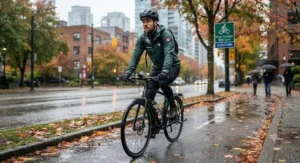 A man wearing a lightweight, breathable rain jacket designed for wet-weather cycling during a Canadian autumn commute.