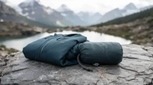 Ultra-lightweight rain jacket packed into a daypack pocket, ideal for backpacking trips across Jasper and the Canadian Rockies.